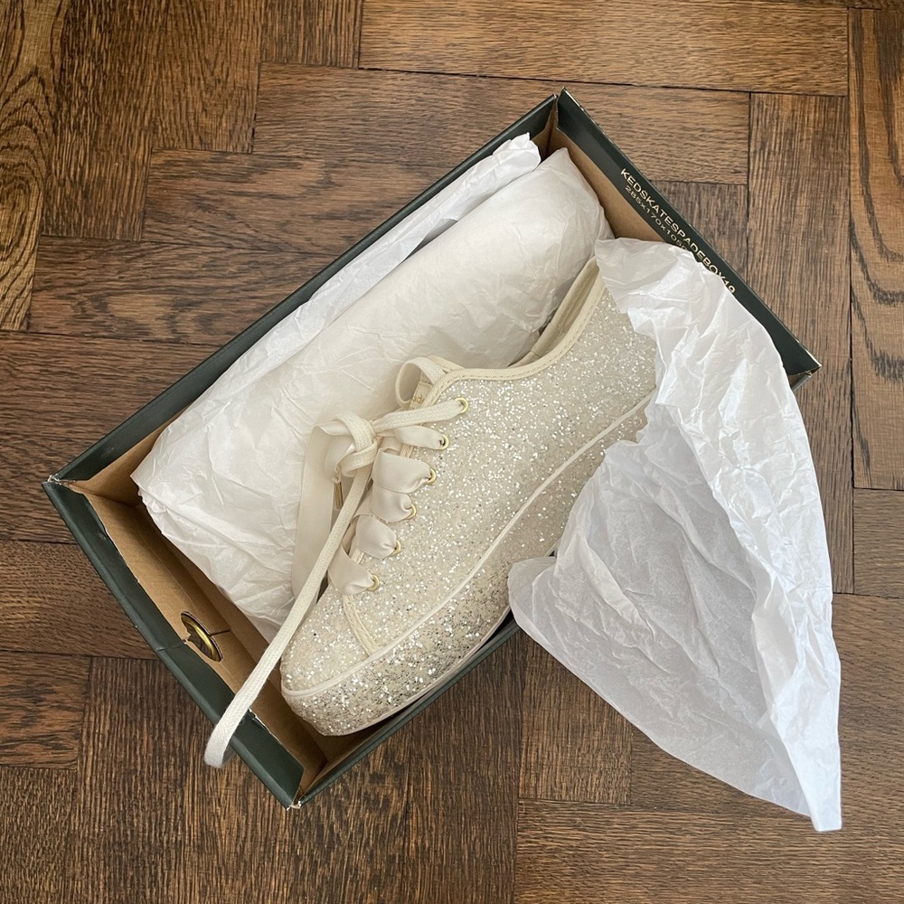 Kate spade bedazzled sneakers with ribbon laces white and gold